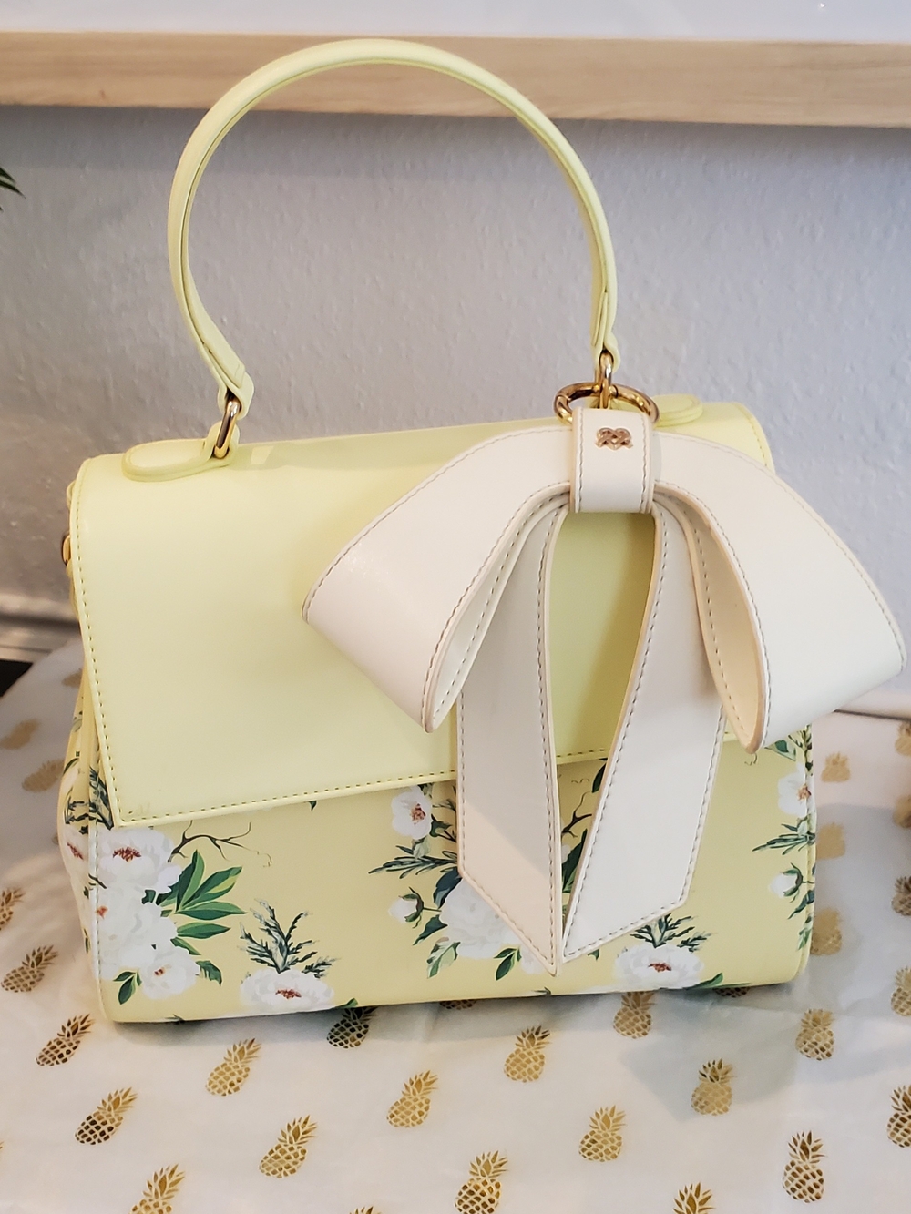 Lemon Floral Top-Handle Satchel with Cream Bow